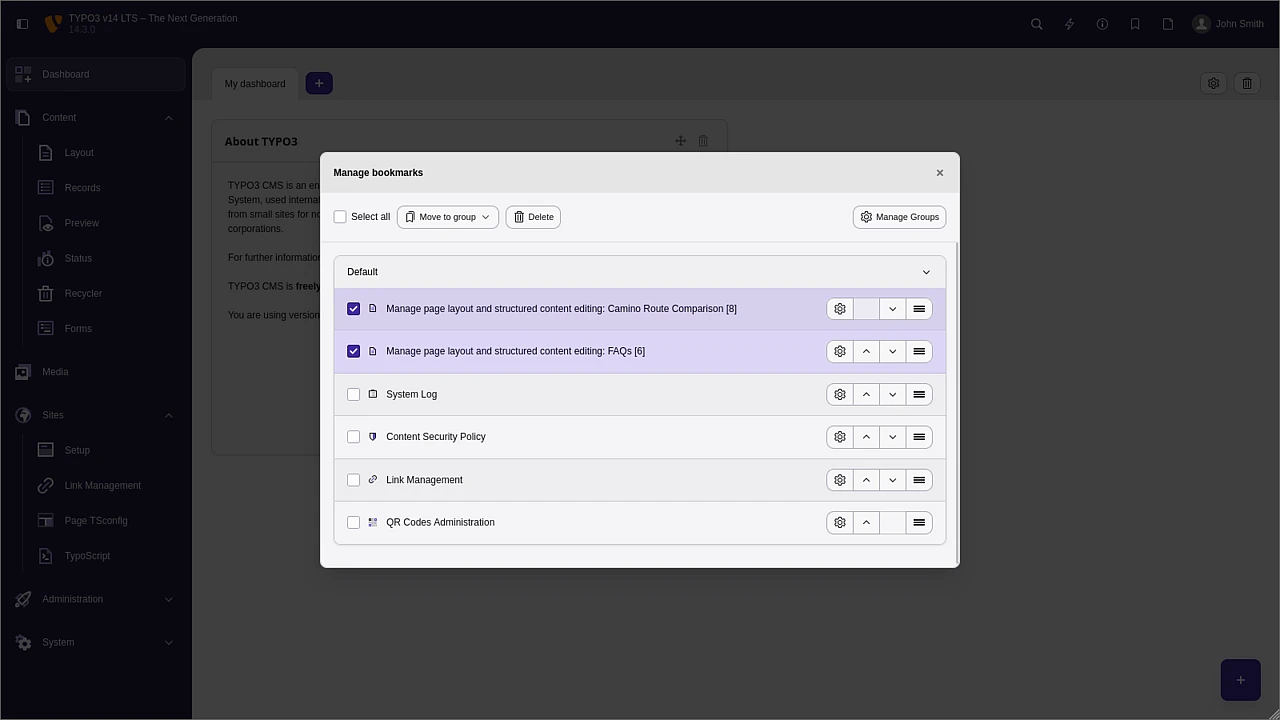 Der zentralisierte Lesezeichen-Manager in TYPO3 v14